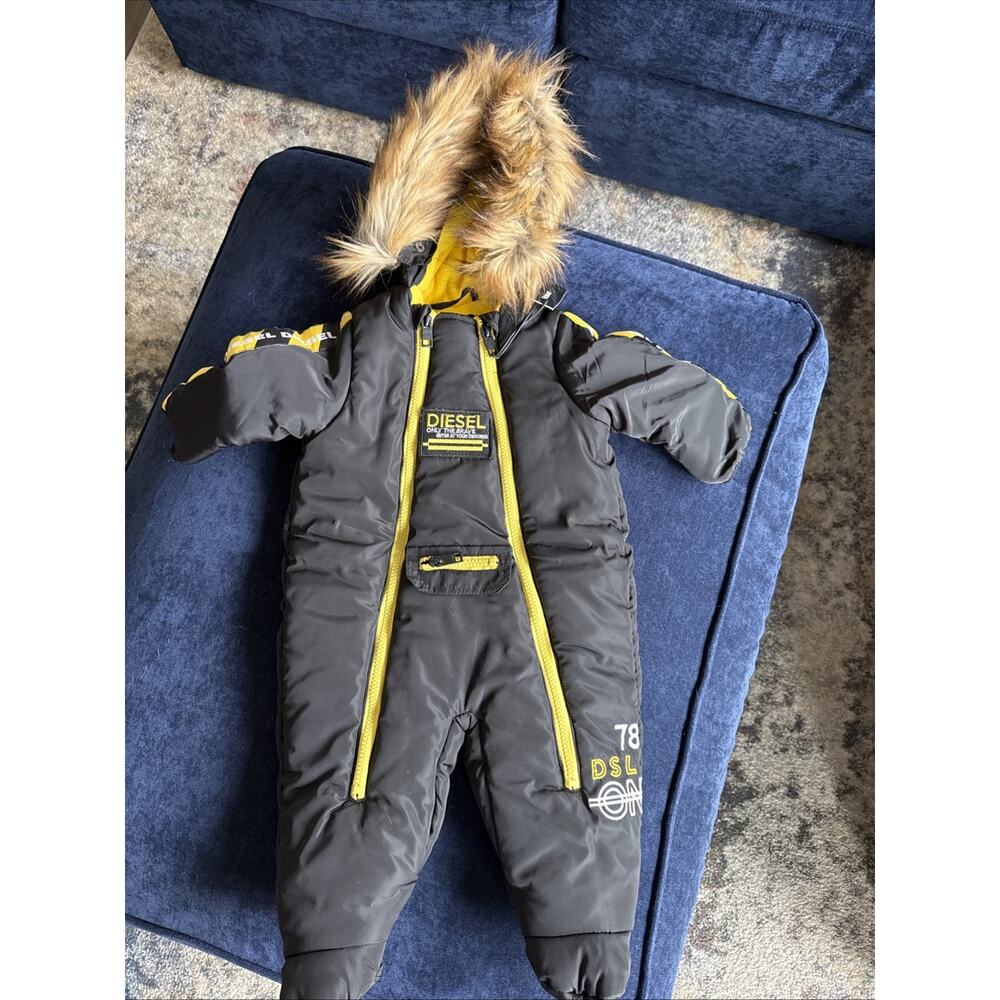 Diesel Black Yellow Snow Winter Suit Baby 6-9 Months New Fur 2 Zippers NEW NWT